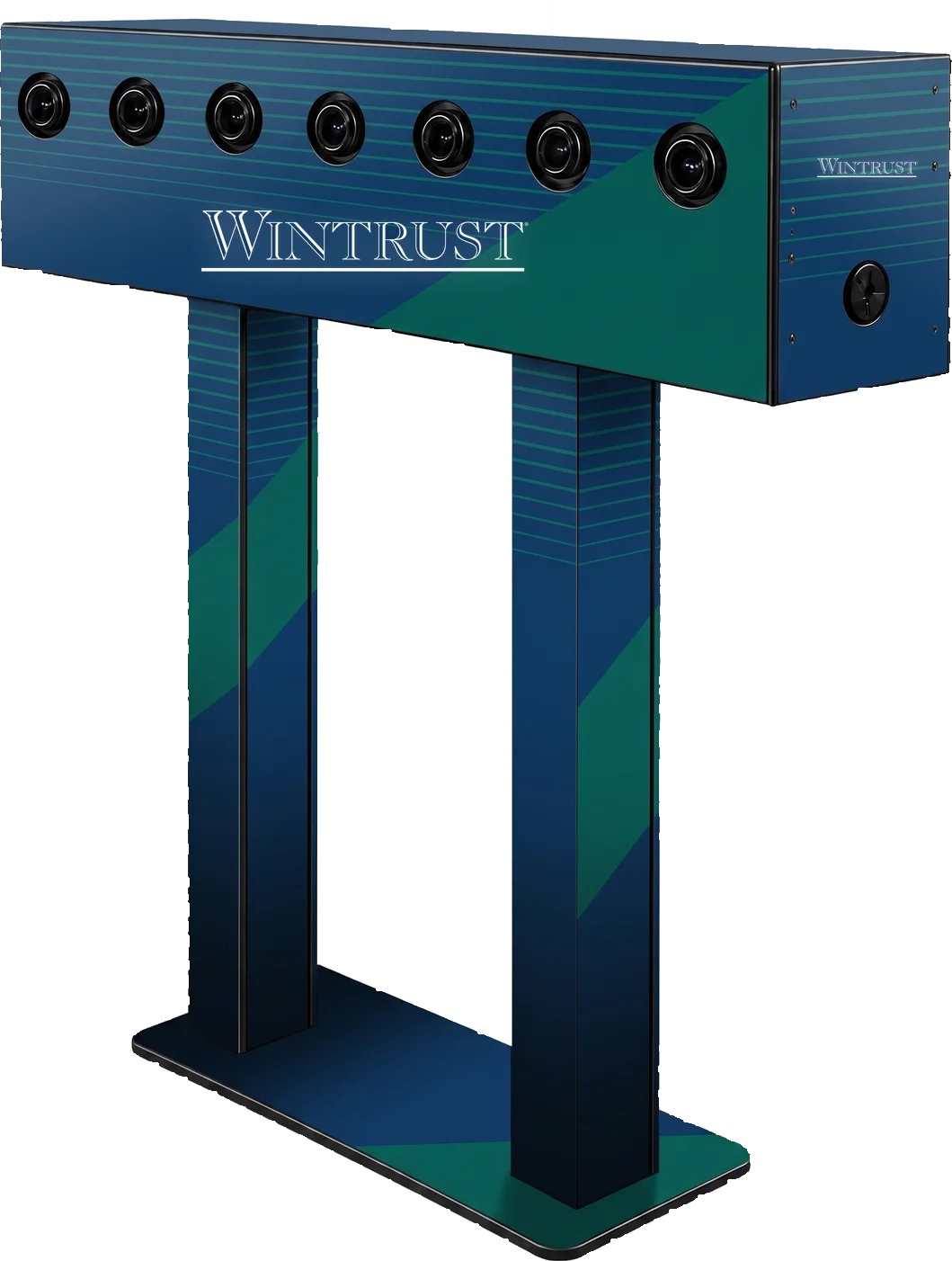 Array multi-camera gantry with seven camera lenses across the top beam, shown in a Wintrust custom wrap