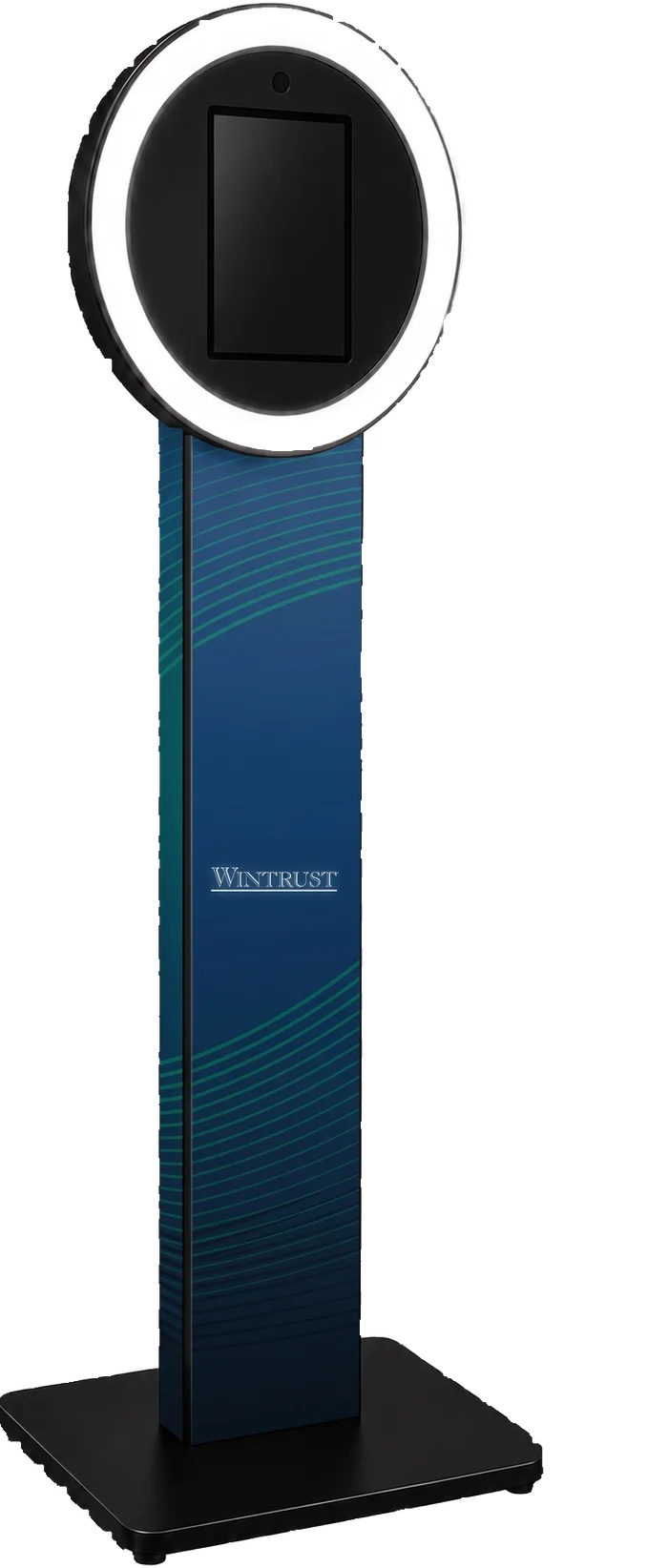 Selfie Station kiosk with halo ring light, shown in a Wintrust custom wrap