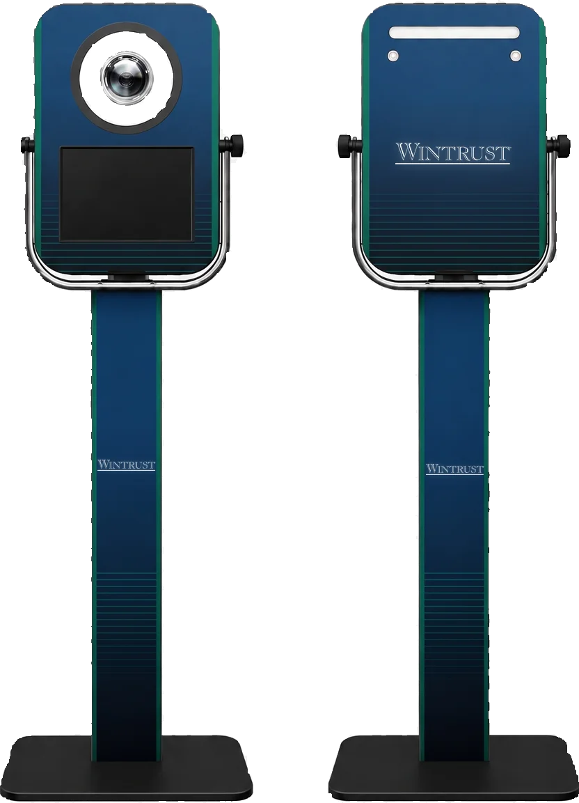 PRO booth, front and back, with adjustable tilting head unit, shown in a Wintrust custom wrap