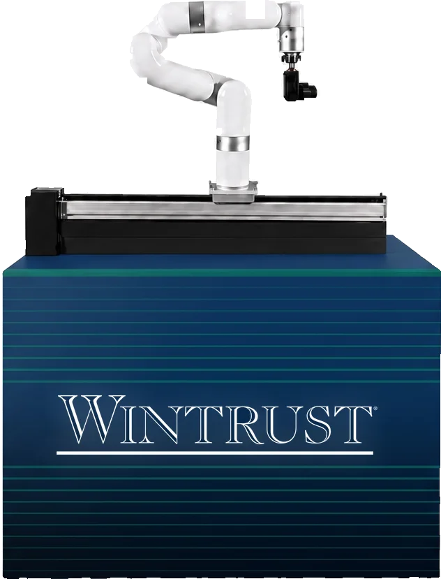 Robotic camera arm mounted on a rail atop a branded base cabinet, shown in a Wintrust custom wrap